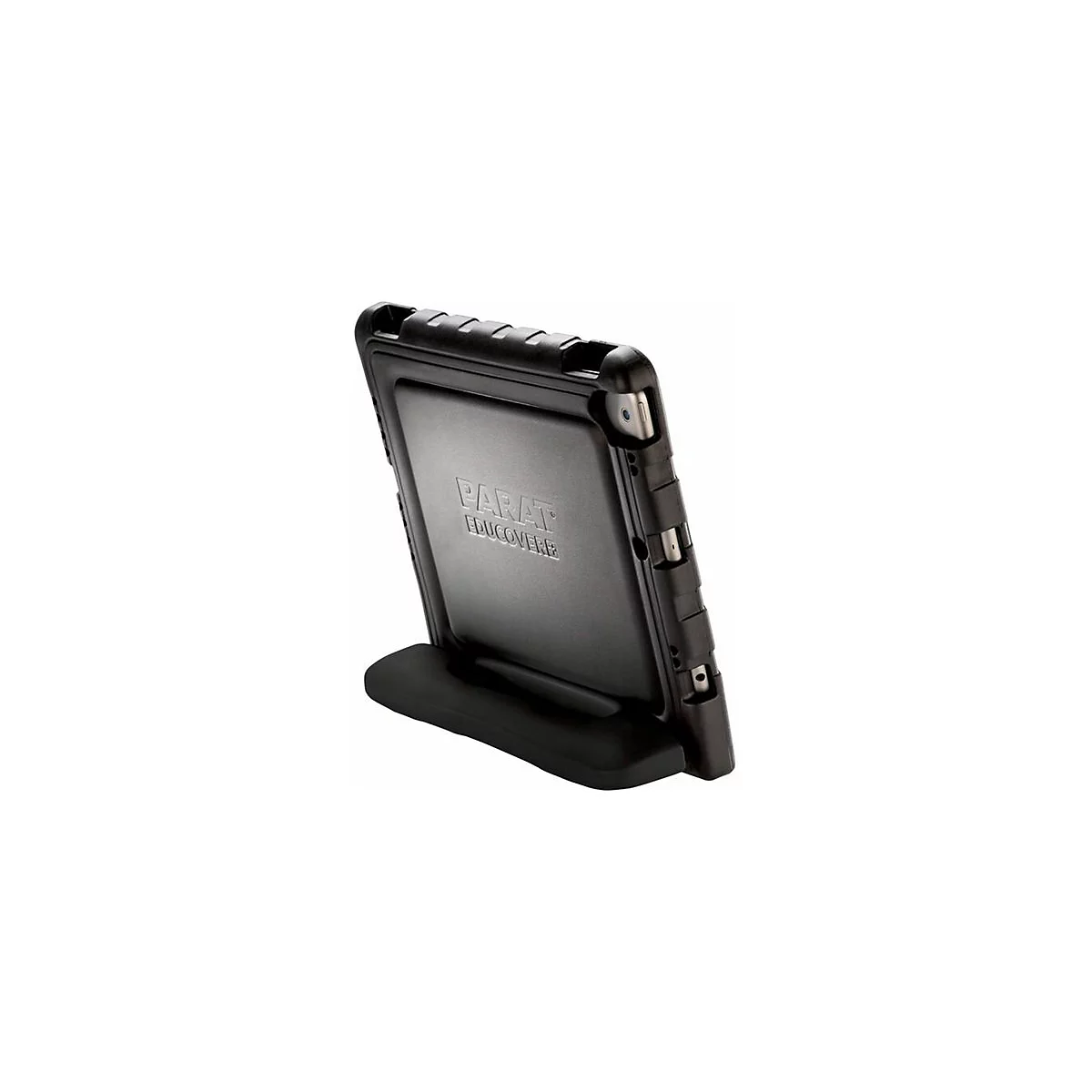 Schwarze, robuste Schutzhülle mit Tablet in Standposition, Rückseite zeigt eingeprägten Parat Educover Schriftzug.