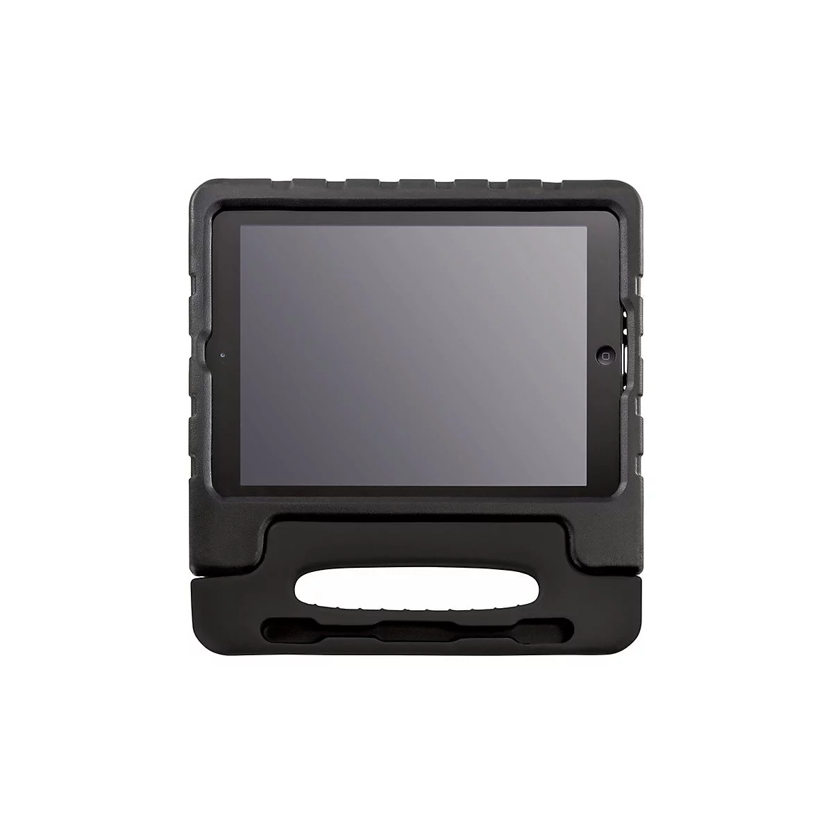 Schwarzes Tablet in einer robusten Schutzhülle mit integriertem Griff vor weißem Hintergrund.