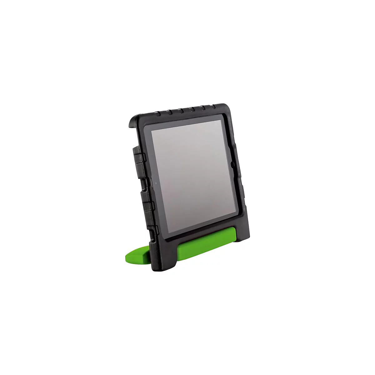Ein Tablet in einer schwarzen Schutzhülle mit grünem Standfuß steht auf einem weißen Hintergrund.