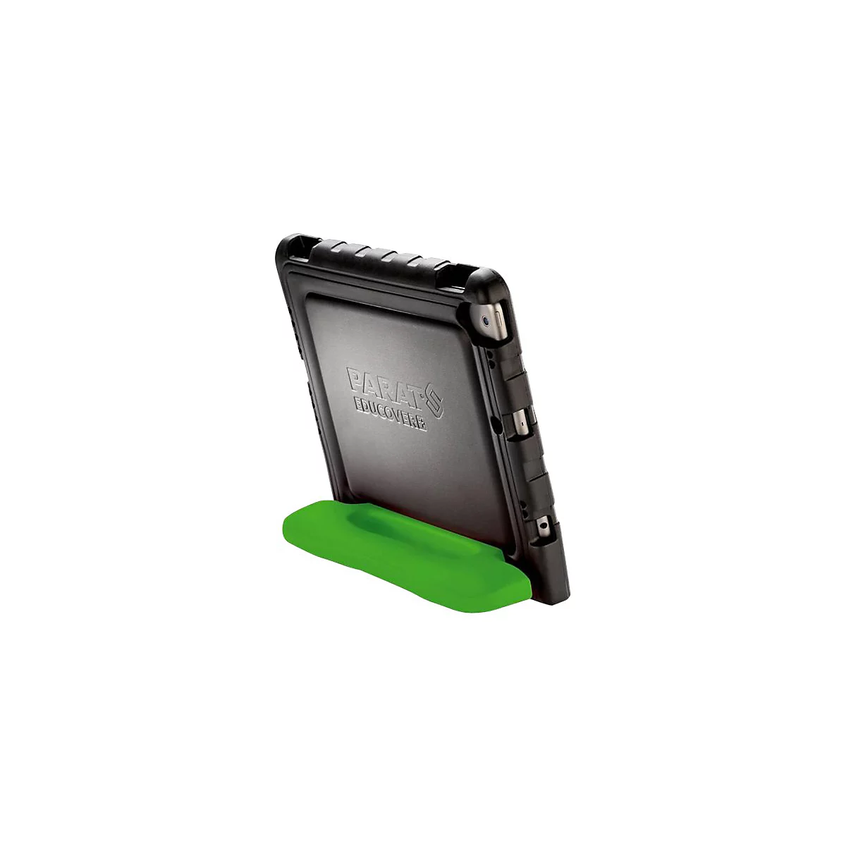Schwarze Schutzhülle für ein Tablet mit grünem Standfuß, Rückseite mit Parat Educover Logo auf weißem Grund.