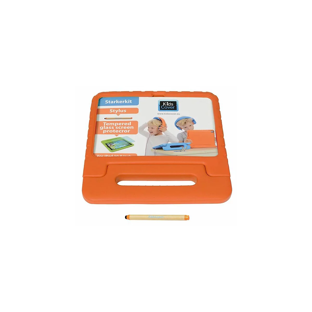 Orangene Kinder-Schutzhülle für Tablets mit Griff und beiliegendem Eingabestift auf weißem Hintergrund.
