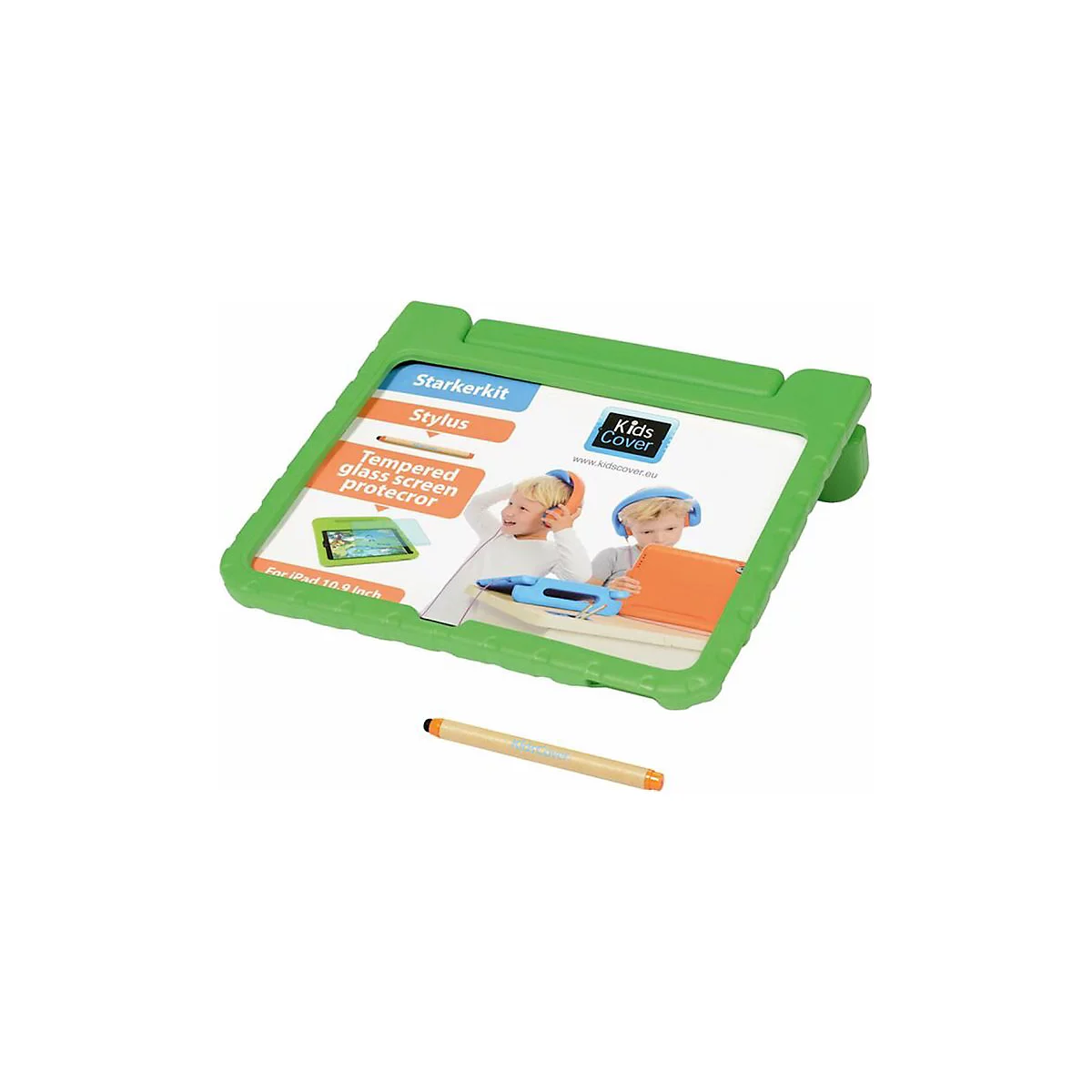 Grüne Schutzhülle für iPad mit integriertem Display-Schutz und beiliegendem Eingabestift vor weißem Hintergrund.