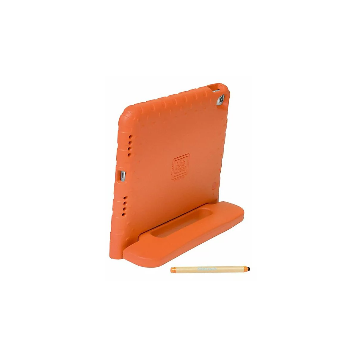 Orangene Schutzhülle für Tablets aus Schaumstoff mit integriertem Ständer und passendem Eingabestift.