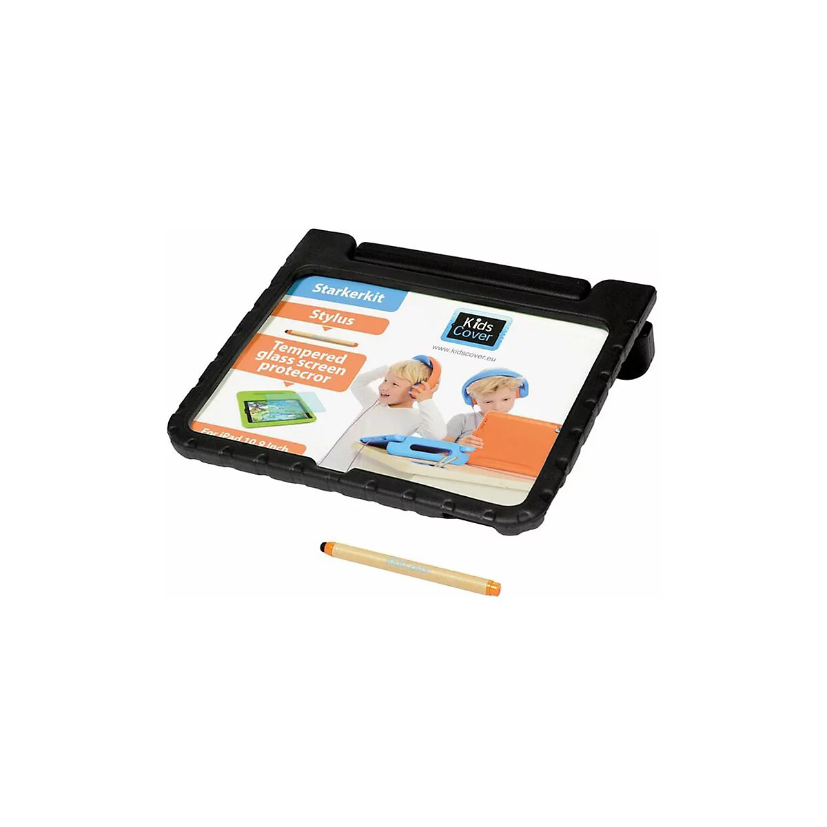 Schwarze Schutzhülle für iPad 10.9 Zoll mit Displayschutz, Eingabestift und Produktverpackung.
