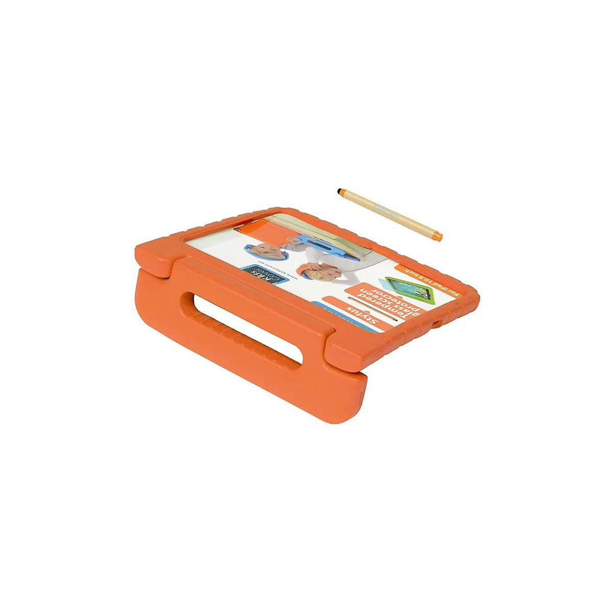 Orangefarbene Schutzhülle für iPad mit integriertem Griff, Ständerfunktion und einem beiliegenden Eingabestift.