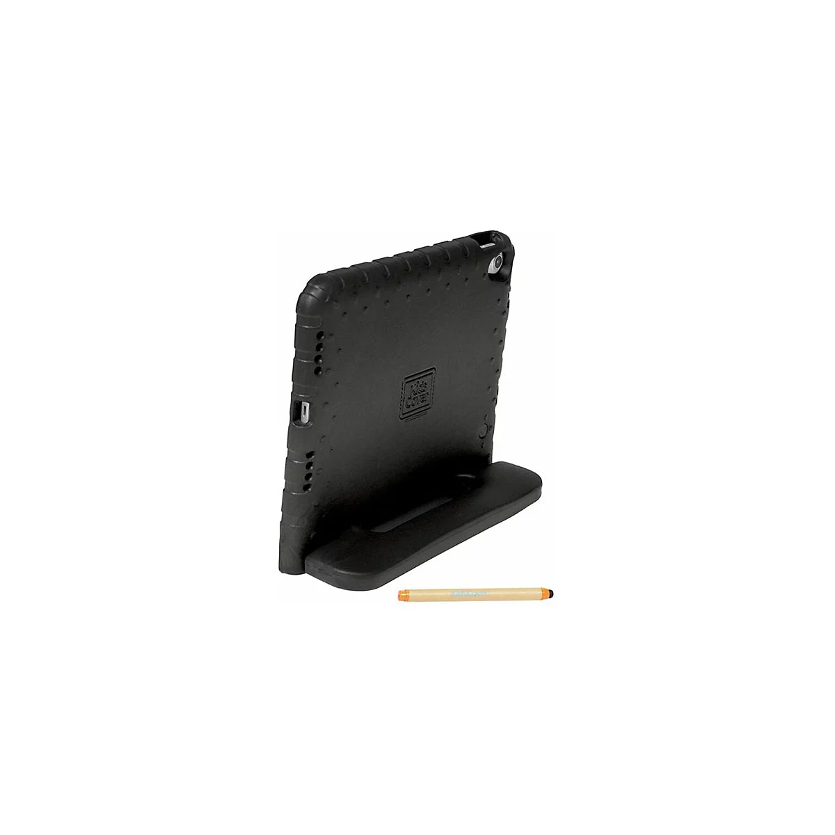 Schwarze, robuste Schutzhülle für ein Tablet mit integriertem Ständer und einem beiliegenden Eingabestift.