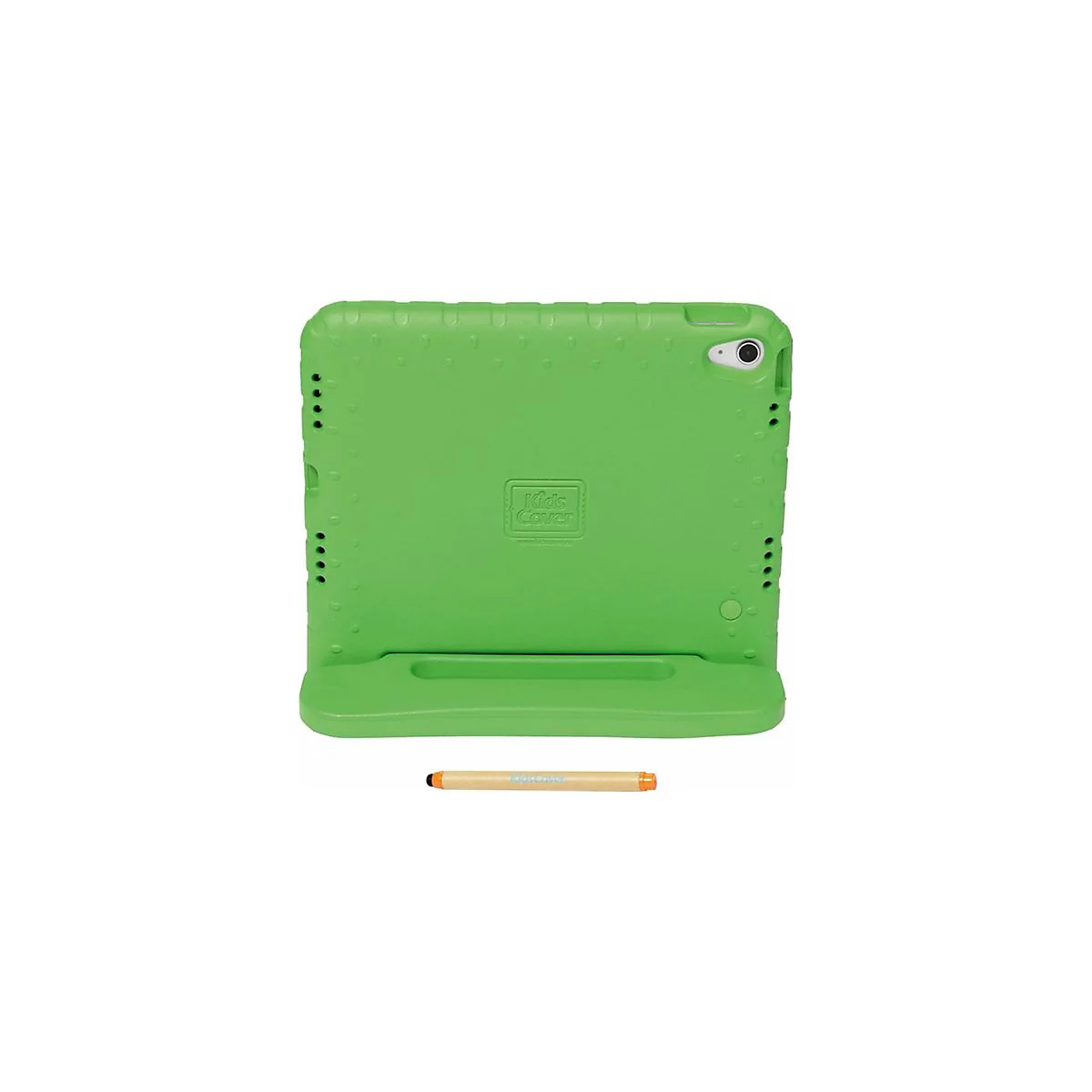 Helle, grüne Tablet-Schutzhülle aus Gummi mit Ständerfunktion, inklusive einem beigen Eingabestift davor.