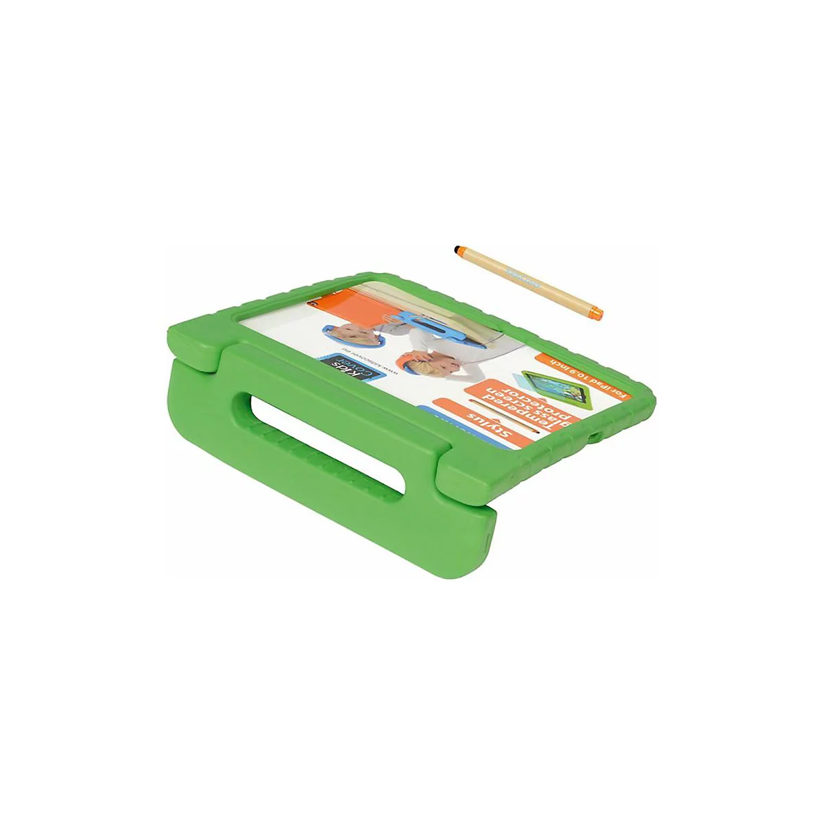 Grüne Schutzhülle für iPad mit integriertem Tragegriff und beiliegendem Eingabestift vor weißem Hintergrund.