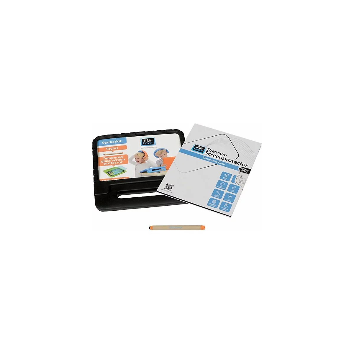 Ein schwarzes Tablet-Case mit einem Stylus und einer Packung Displayschutzfolie aus Glas auf weißem Grund.