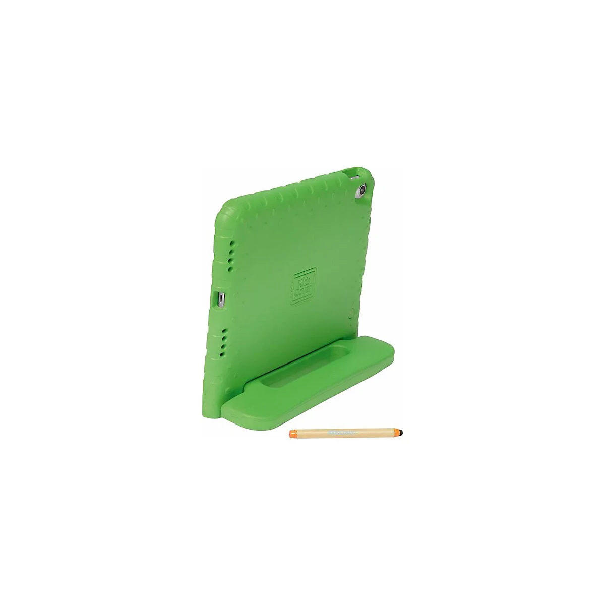 Grüne Schutzhülle für Tablets aus weichem Material mit integriertem Ständer und passendem Eingabestift.