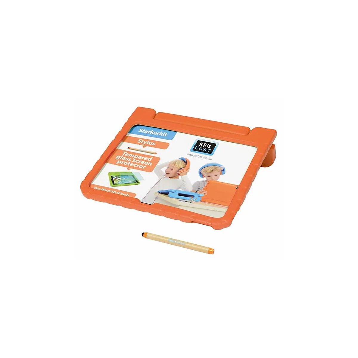 Oranges Schutz-Case für iPad 10.9 Zoll mit Stylus und Infokarte über das Starkerkit für Kinder.
