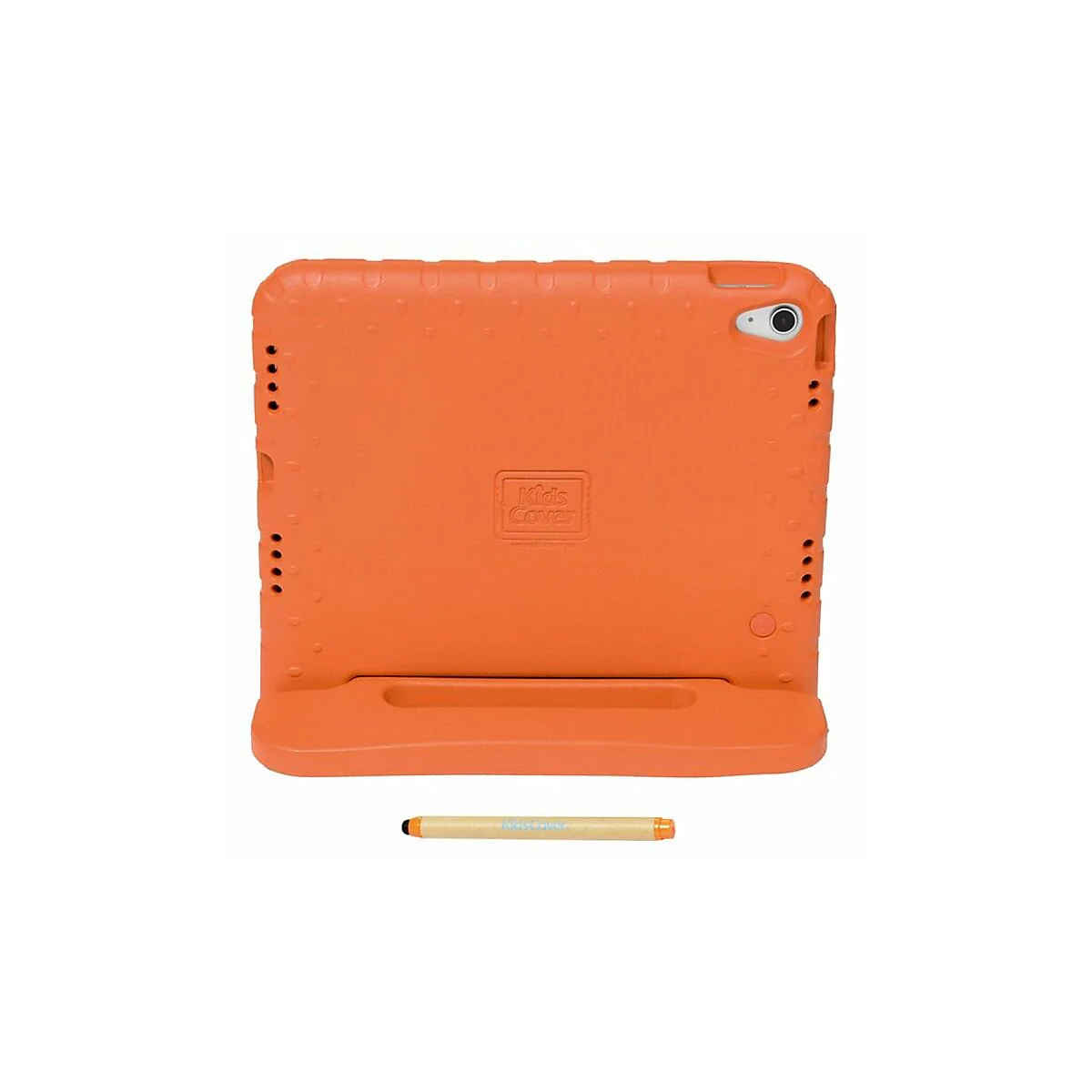 Orangene Tablet-Schutzhülle für Kinder mit integriertem Ständer und passendem Eingabestift vor weißem Hintergrund.