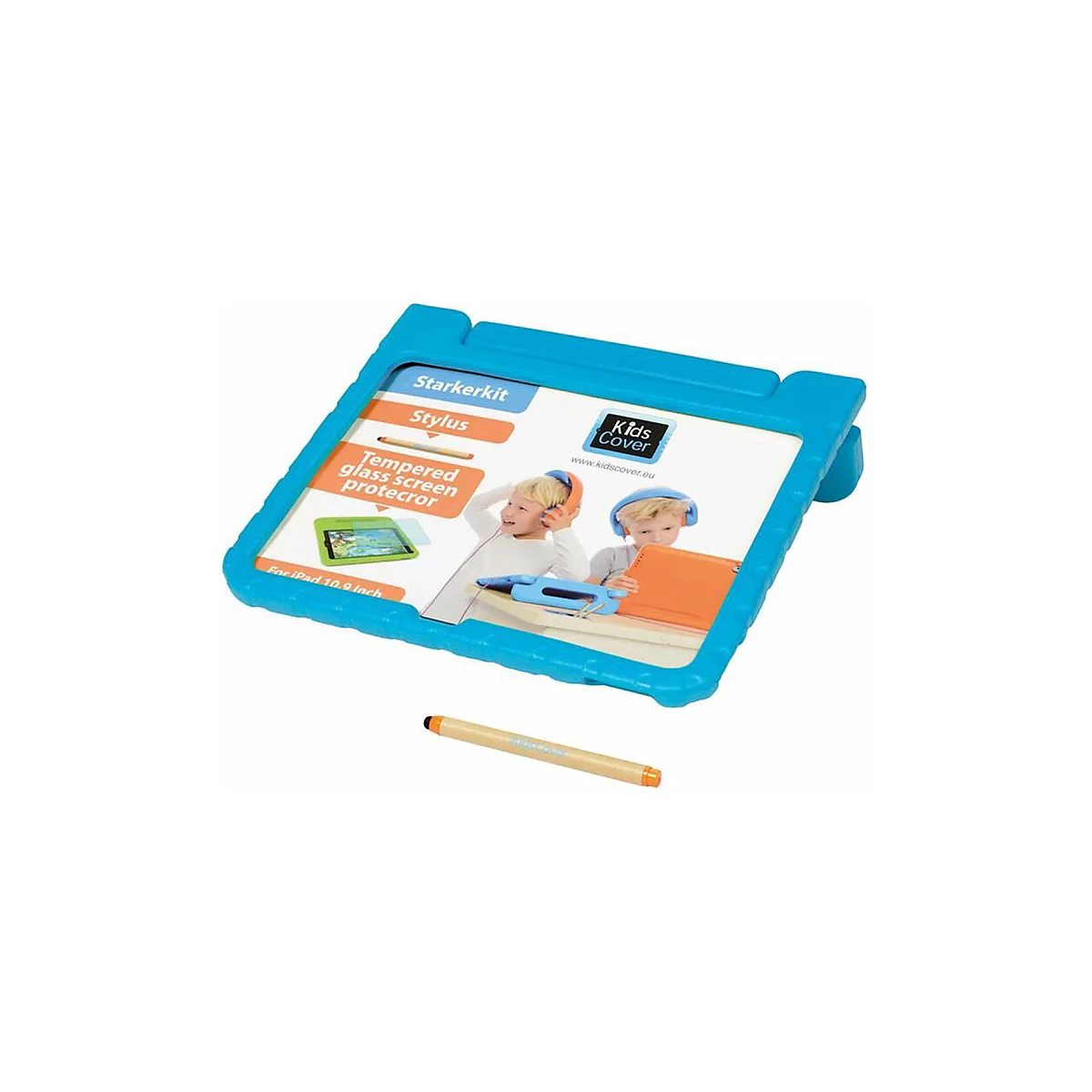 Blaues Schutzgehäuse für iPad mit beiliegendem Eingabestift und Produktverpackung.