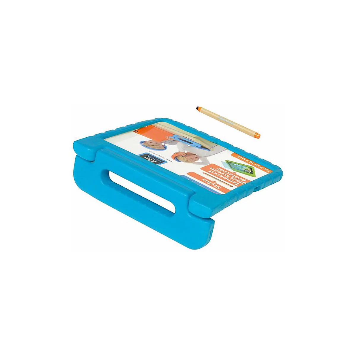 Blaue, robuste Kinder-Schutzhülle für iPad mit integriertem Griff und dazugehörigem Eingabestift auf weißem Grund.