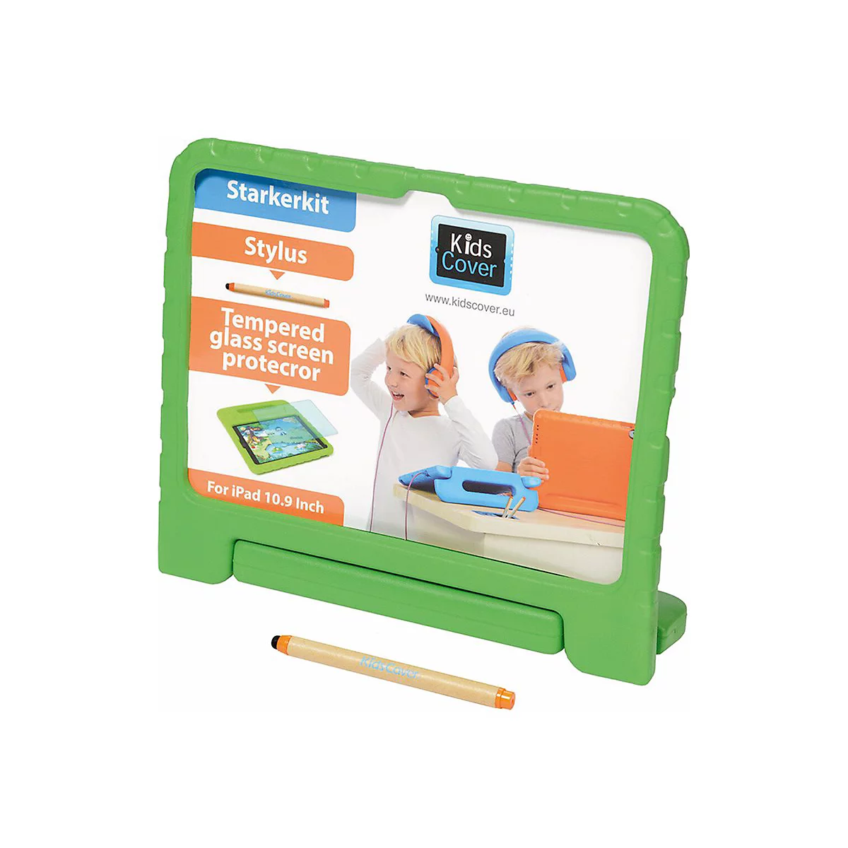 Ein grüner KidsCover-Rahmen mit Infokarte, der ein Zubehörset für iPads zeigt, daneben ein Eingabestift.