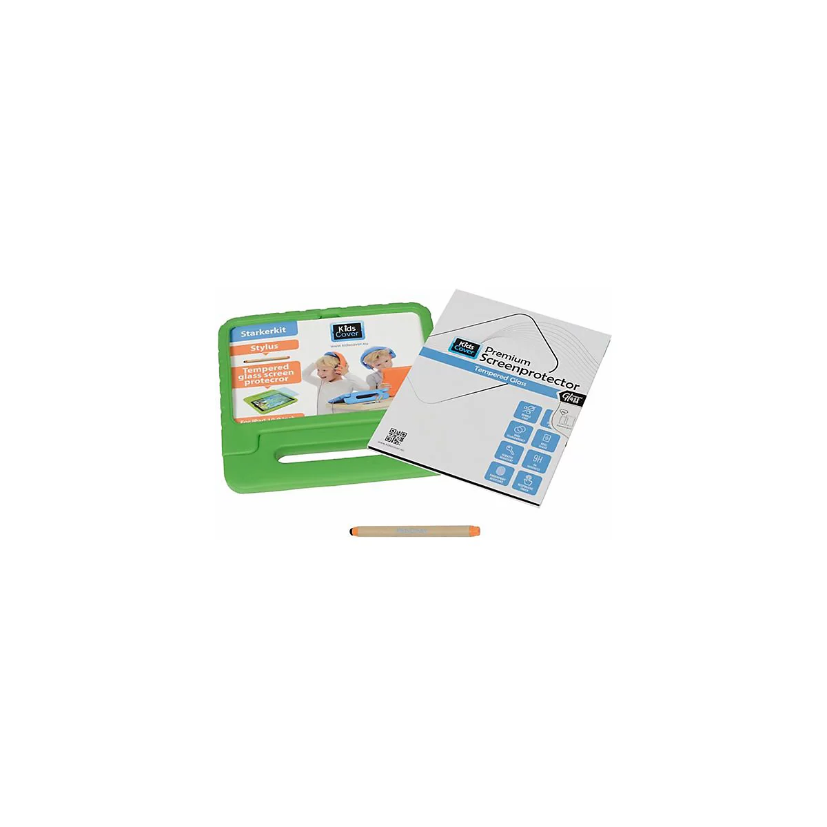 Grüne Schutzhülle für Tablets, ein Displayschutz aus Glas und ein Stylus-Stift von Kids Cover.