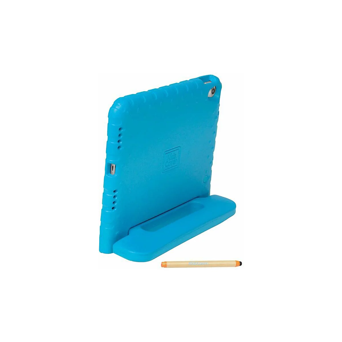 Hellblaue Tablet-Schutzhülle aus Silikon mit Standfuß, seitlich von hinten gesehen, inklusive Eingabestift.