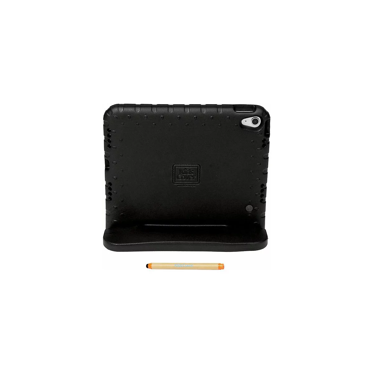 Schwarze KidsCover Tablet-Schutzhülle mit integriertem Ständer und passendem Eingabestift auf weißem Hintergrund.