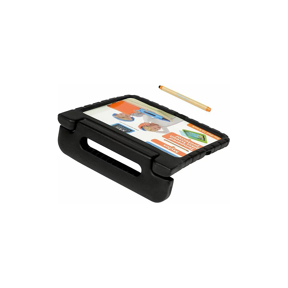 Schwarzes stoßfestes iPad-Cover mit Tragegriff und einem passenden Eingabestift, isoliert vor weißem Hintergrund.