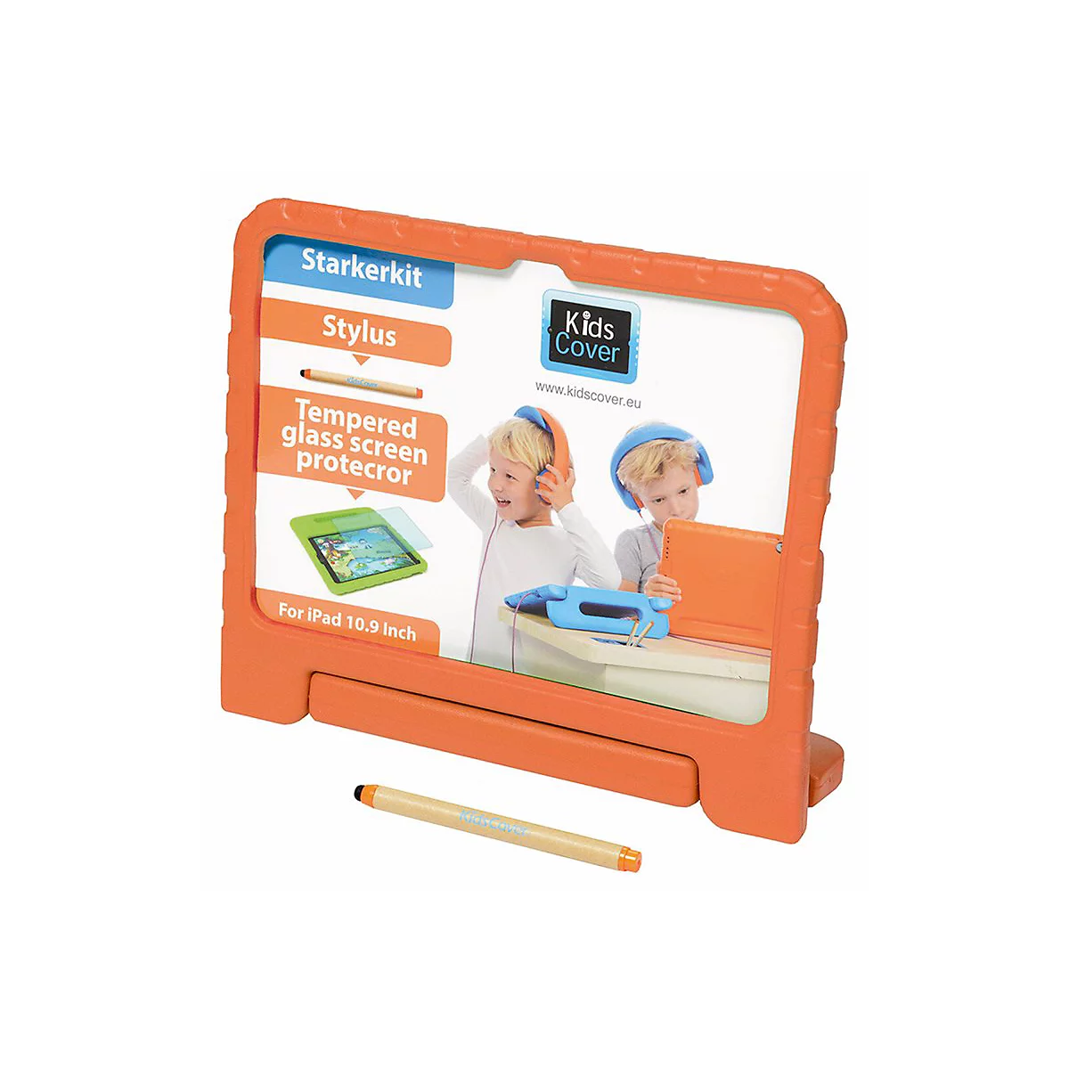 Oranges Kids Cover Tablet-Case-Set mit Stylus und Displayfolie in einer Displayverpackung für 10,9-Zoll-iPads.