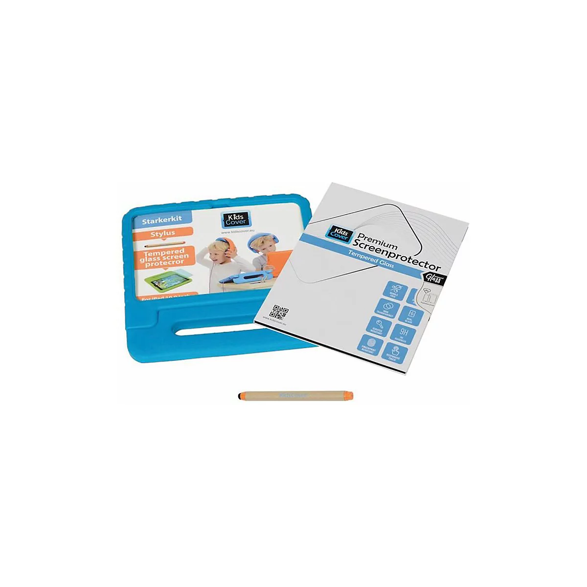 Blaues Kids Cover Tablet-Gehäuse, eine Displayschutzfolien-Verpackung und ein Eingabestift vor weißem Hintergrund.