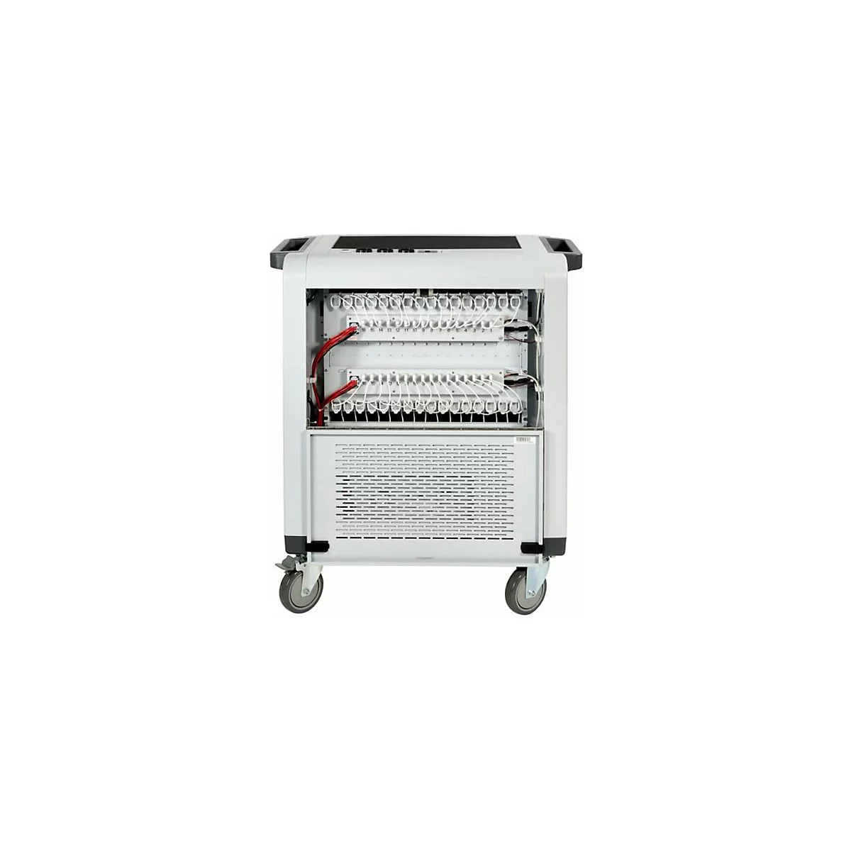 Mobiler Ladewagen in Grau mit vielen Ladeanschlüssen für elektronische Geräte.
