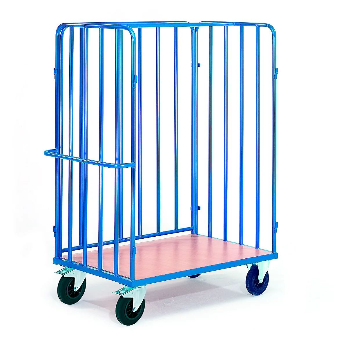 Blue cage trolley with wooden plate and wheels. The trolley has a handle.