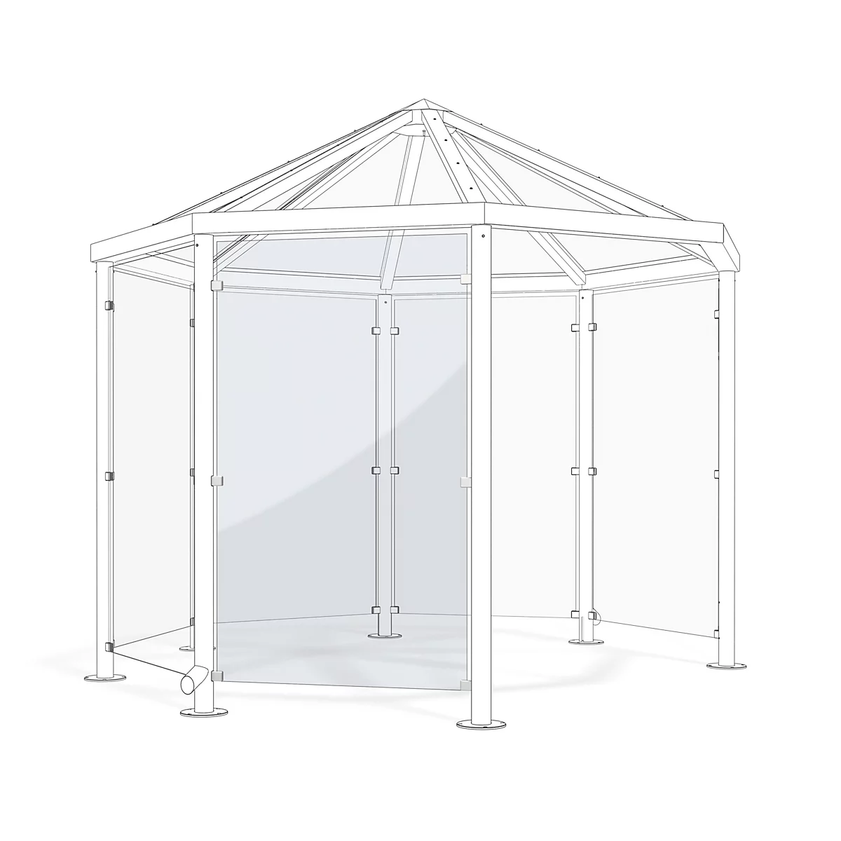 Diseño de cenador hexagonal. Techo y paredes transparentes, marcos blancos sobre fondo claro.