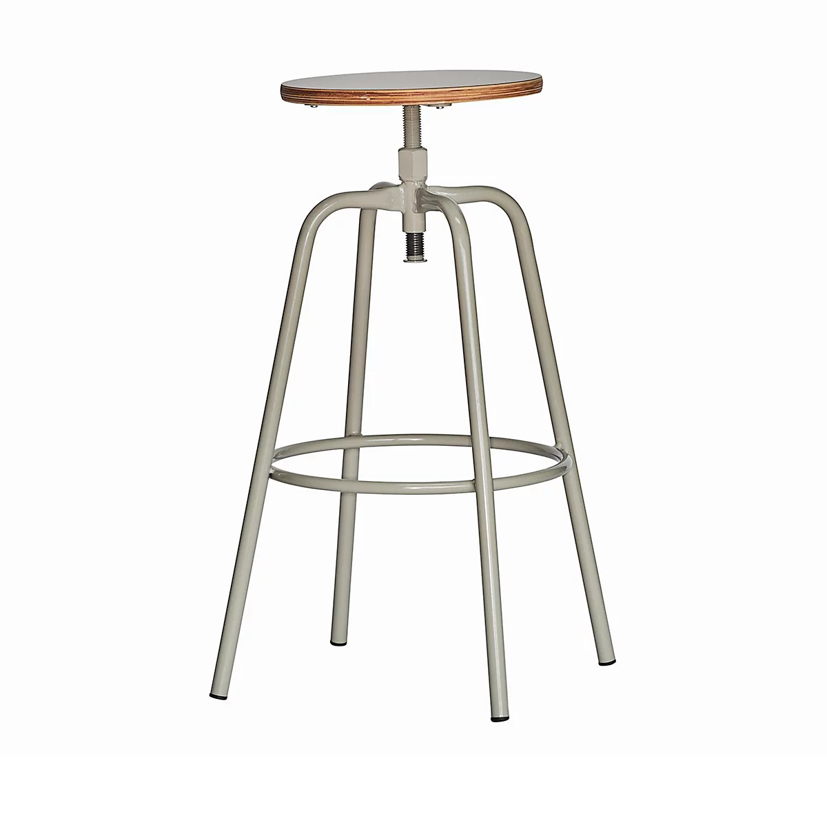 Light grey bar stool, wooden seat, metal frame with foot ring.