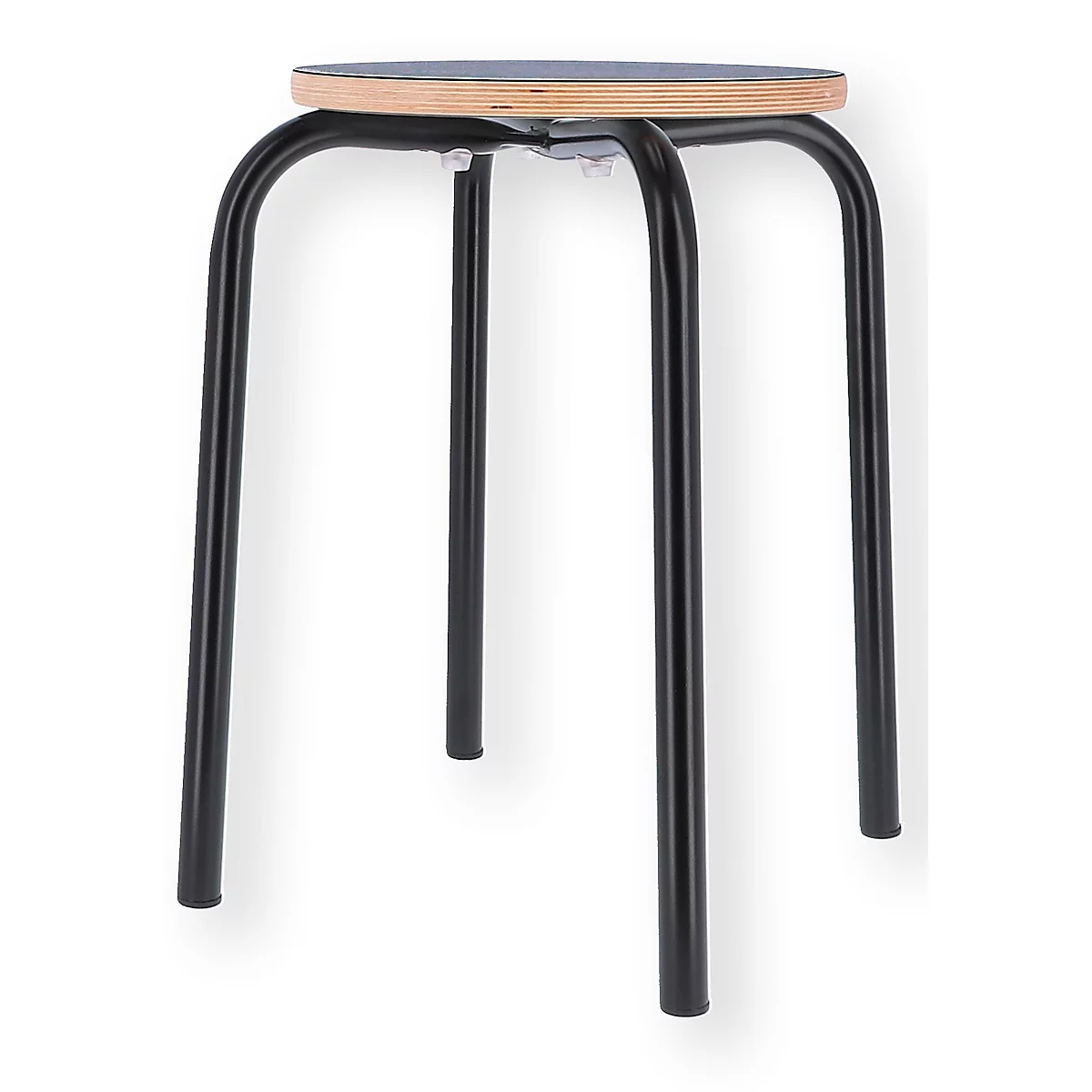 Black stool with a round wooden top. The legs are made of metal.
