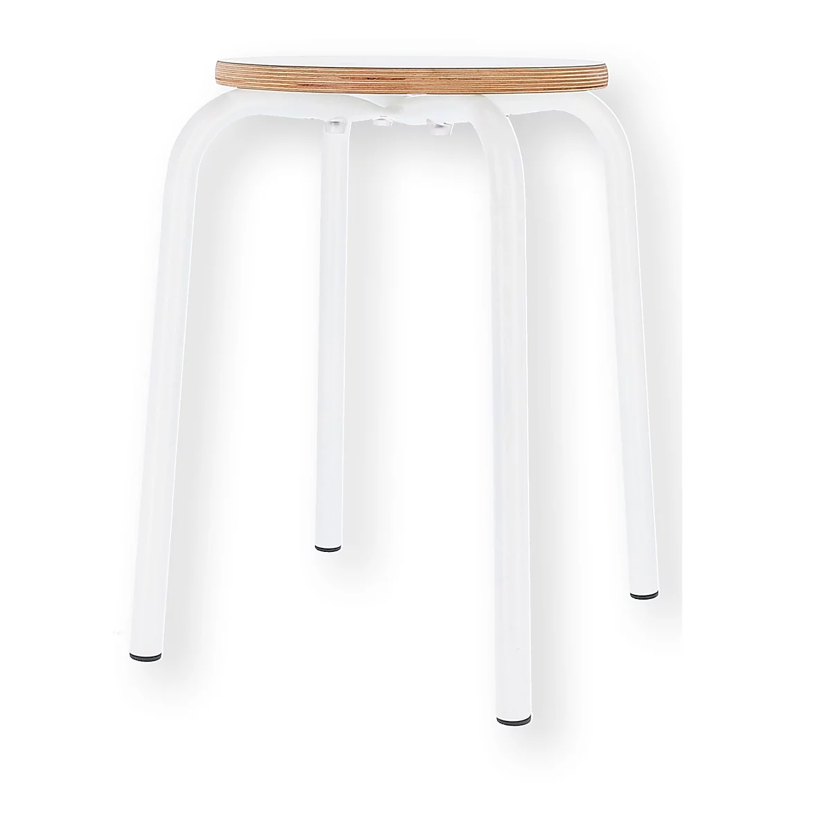 White stool with wooden top. Four-legged stool with round legs and a round wooden top.