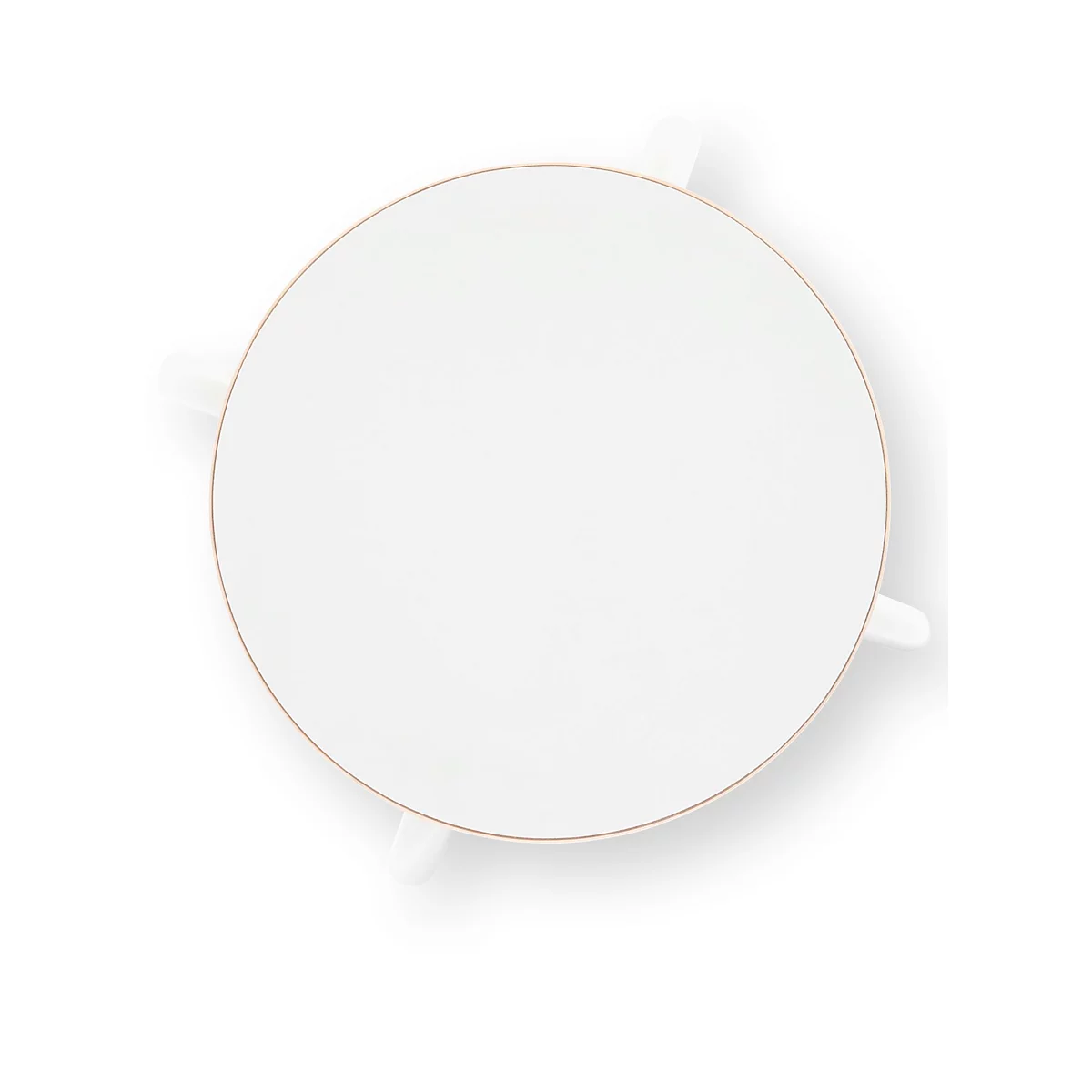 White, round table from above, with three white legs.