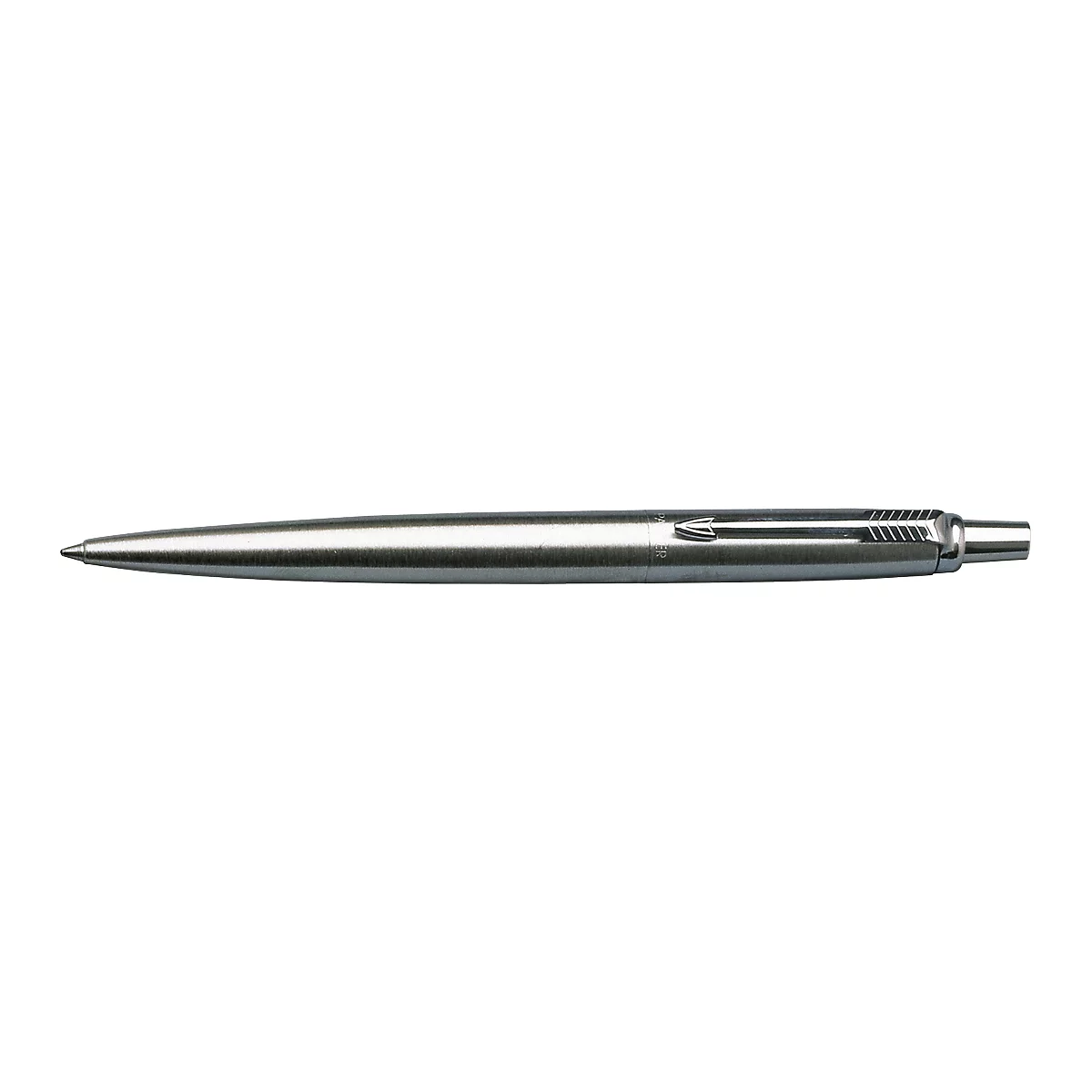 Silver pen with clip and ribbed end.