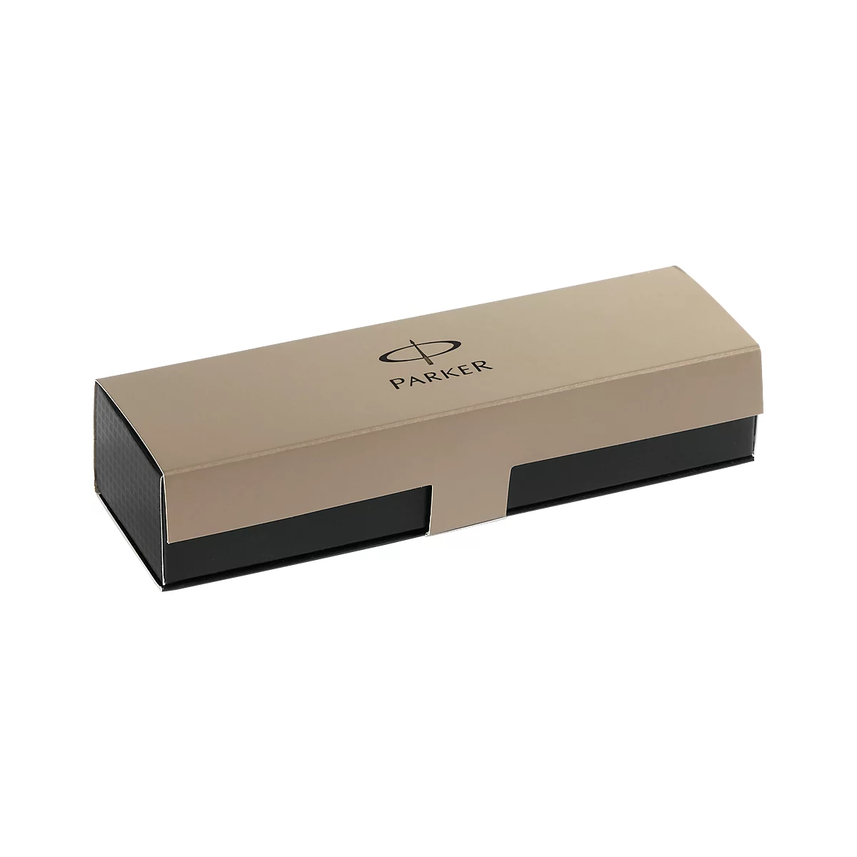 A rectangular gift box in beige and black. The top of the box says "PARKER" with a logo.