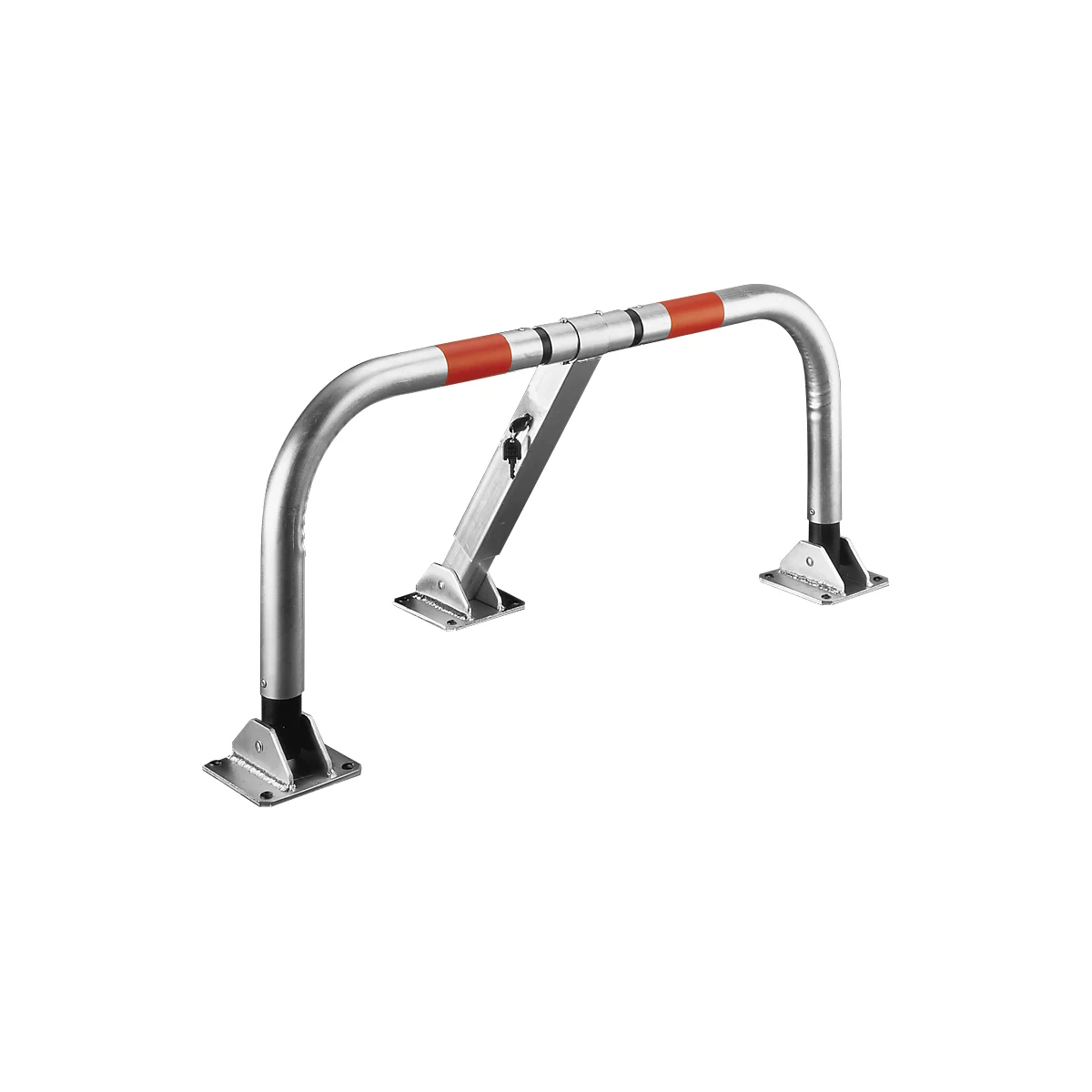 Foldable parking barrier, silver metal with red accents. Upright supports, curved bar, lock.