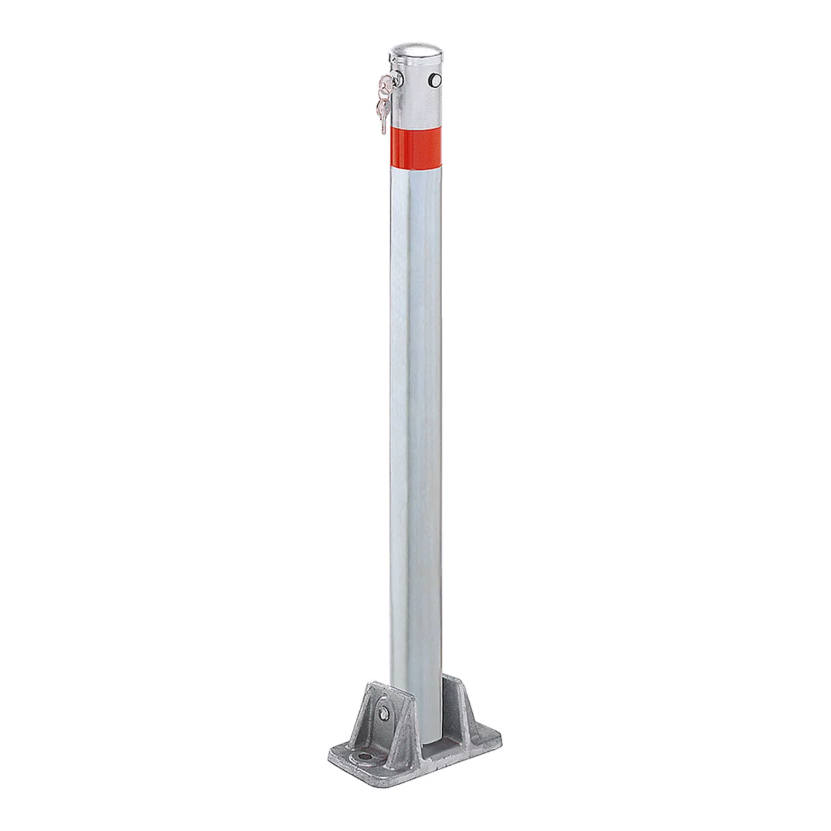 Gray standing bollard with red band and key. Attached to a concrete base.