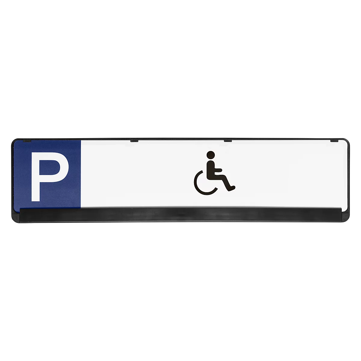 Parking sign with blue P and wheelchair user symbol.