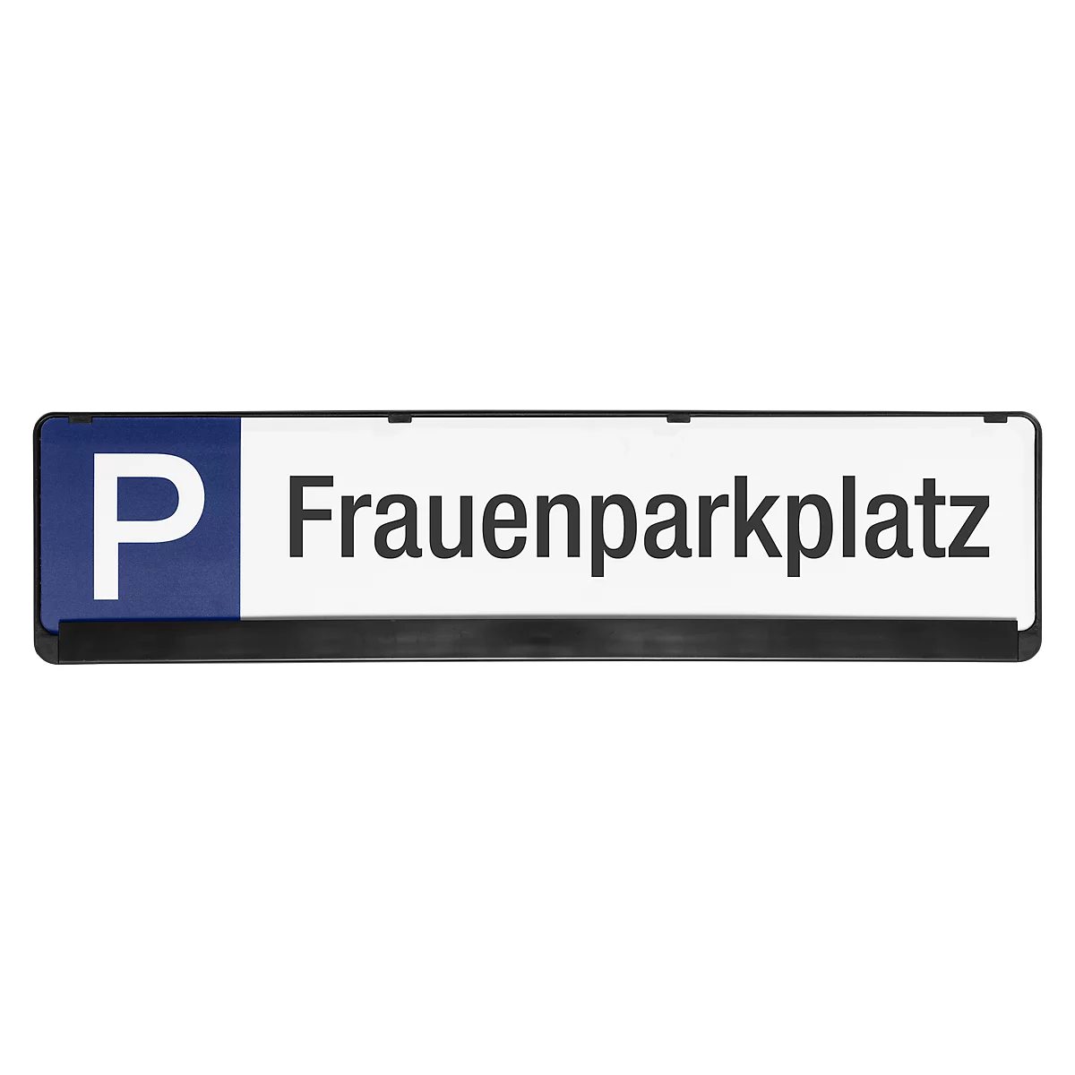 Parking sign with blue P and text: Women's parking space.
