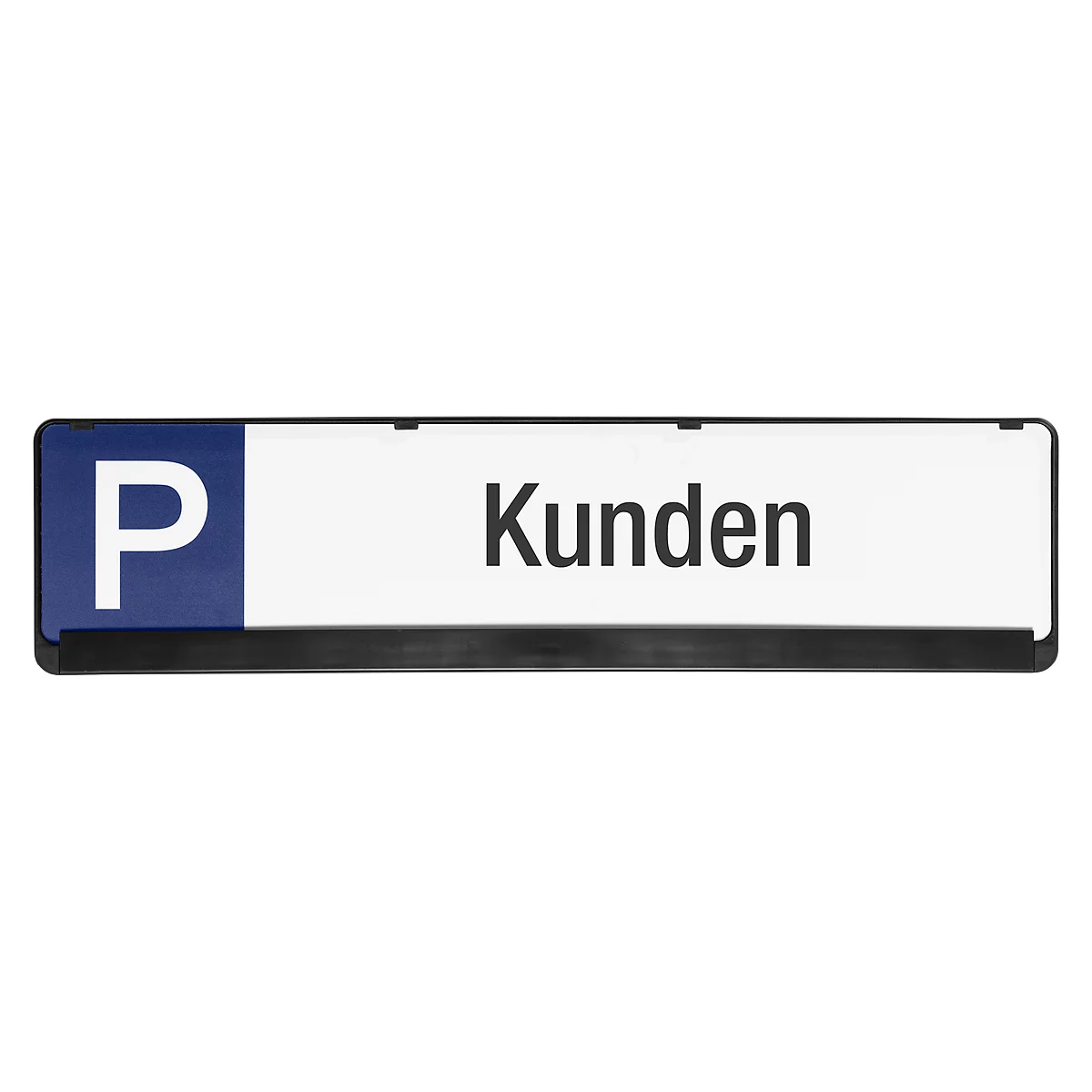 Parking sign with blue field and large white P, next to 'Kunden' in black font.