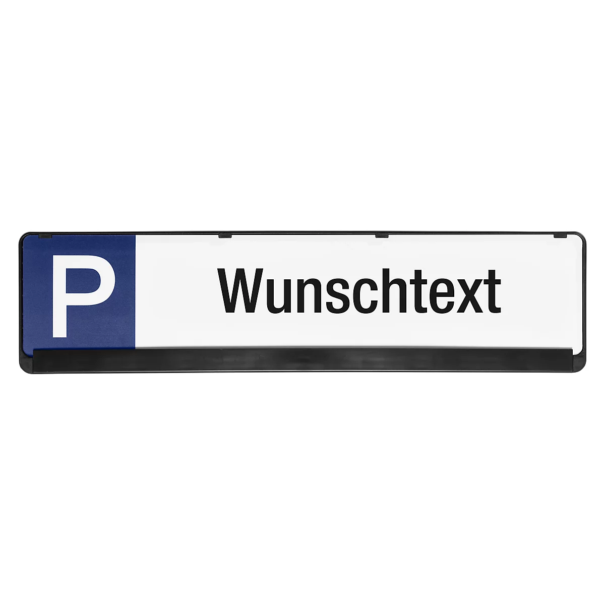 Parking sign with a blue P and a black inscription Wunschtext on a white background.
