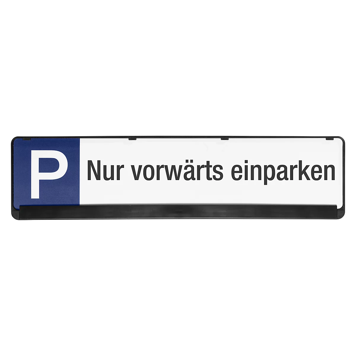 Parking sign with blue P and text: Park forward only.
