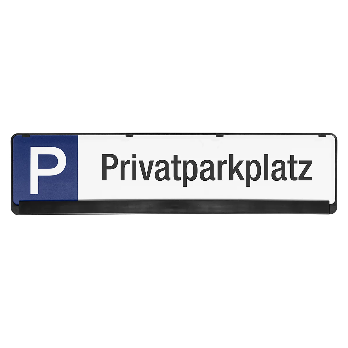Rectangular sign with blue 'P' symbol. Text 'Privatparkplatz'. Black frame.