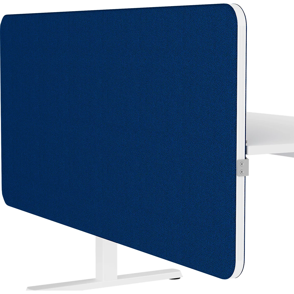 Cloison de bureau bleue, bordée de blanc, fixée à un bureau blanc. Le support est également blanc.