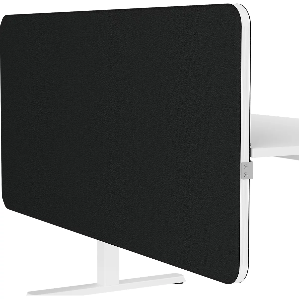 Cloison de bureau noire aux coins arrondis. Cadre blanc, pied de bureau blanc. Design rectangulaire.