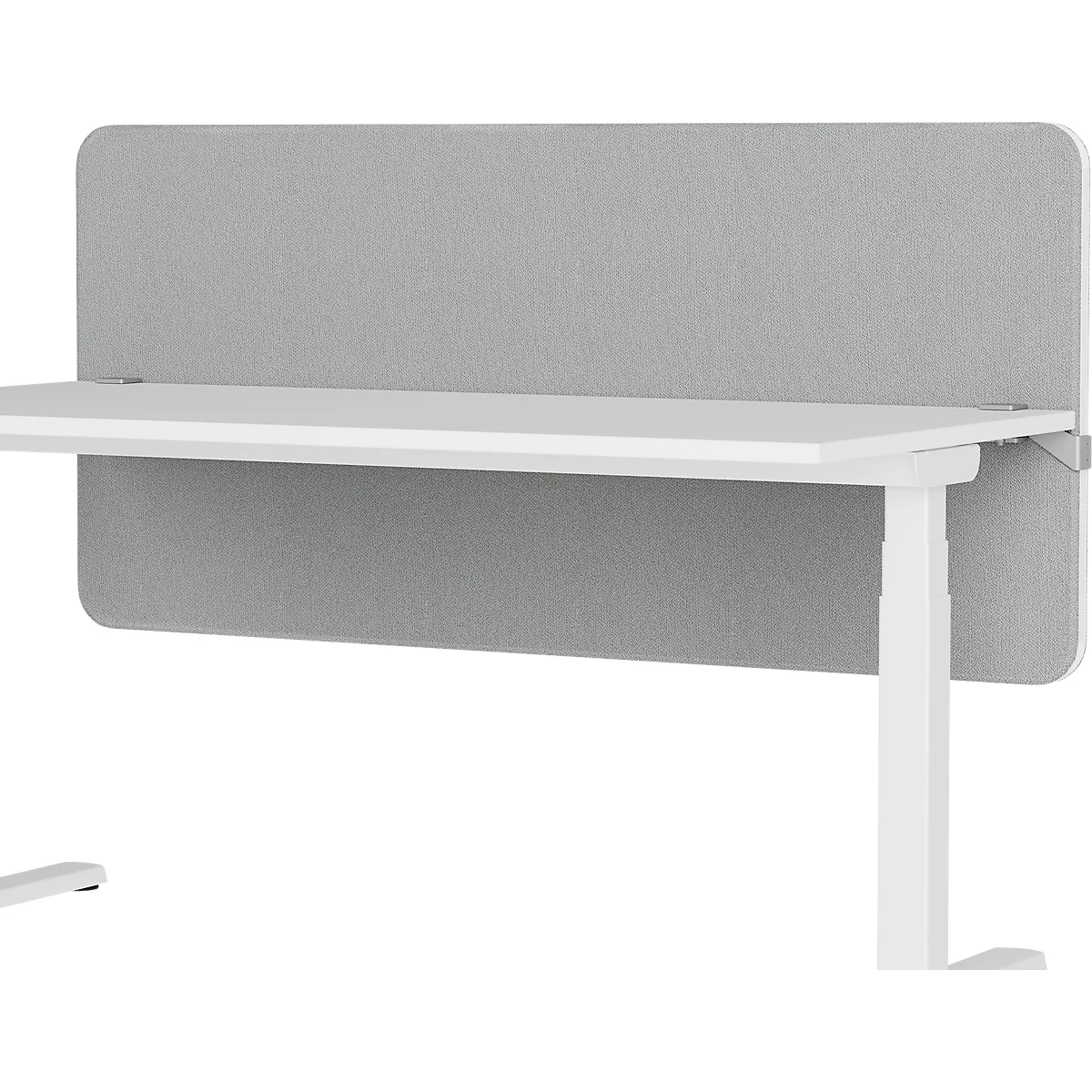 Bureau blanc avec cloison en feutre gris, partiellement dans l'image.