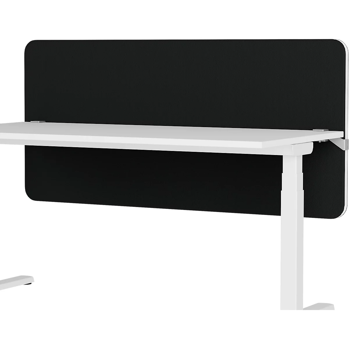 Un bureau blanc avec un écran de confidentialité noir. Les pieds de la table sont blancs. L'image est prise de face.