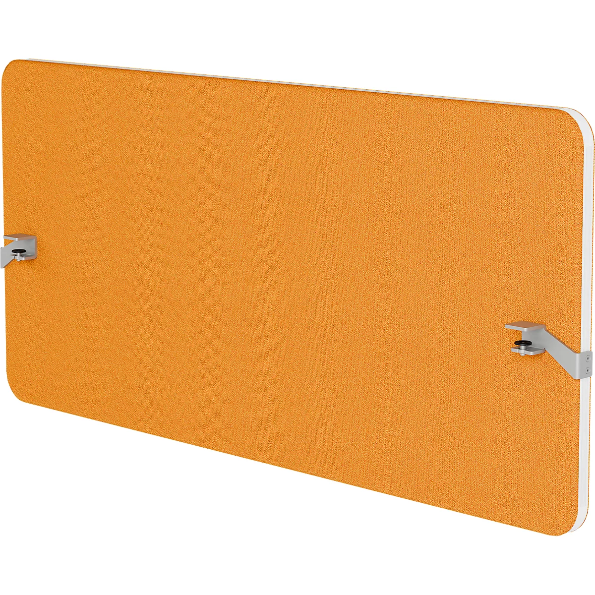 Cloison orange avec pinces argentées. Coins arrondis et bord blanc.
