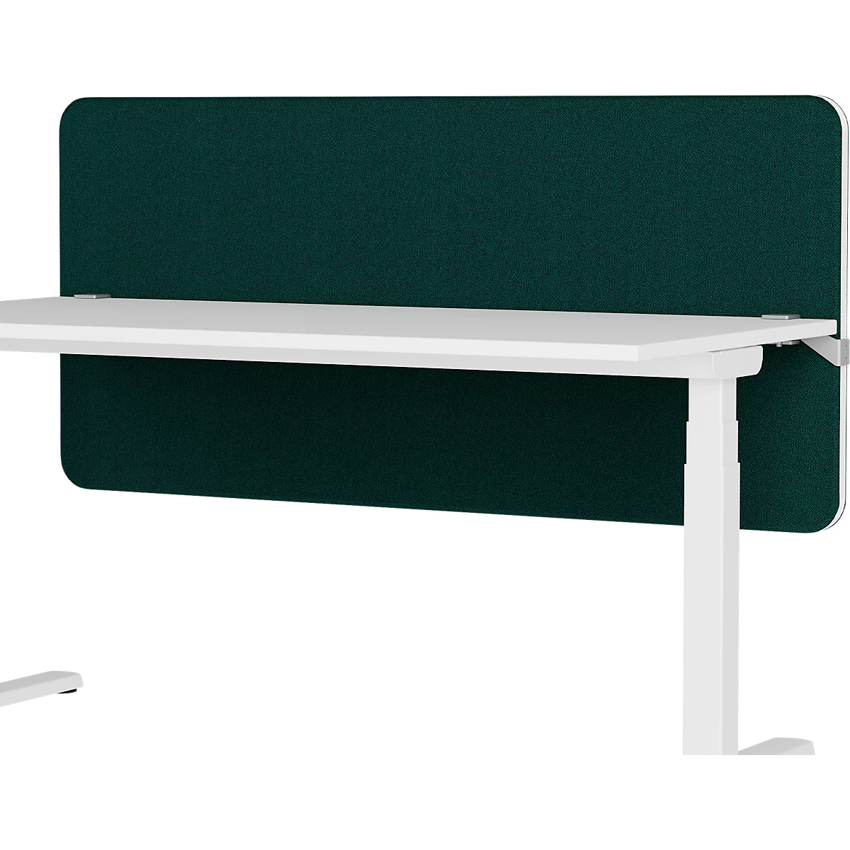 Un bureau blanc avec une cloison antibruit vert foncé. Le plateau de la table est rectangulaire et la paroi est fixée d'un côté.