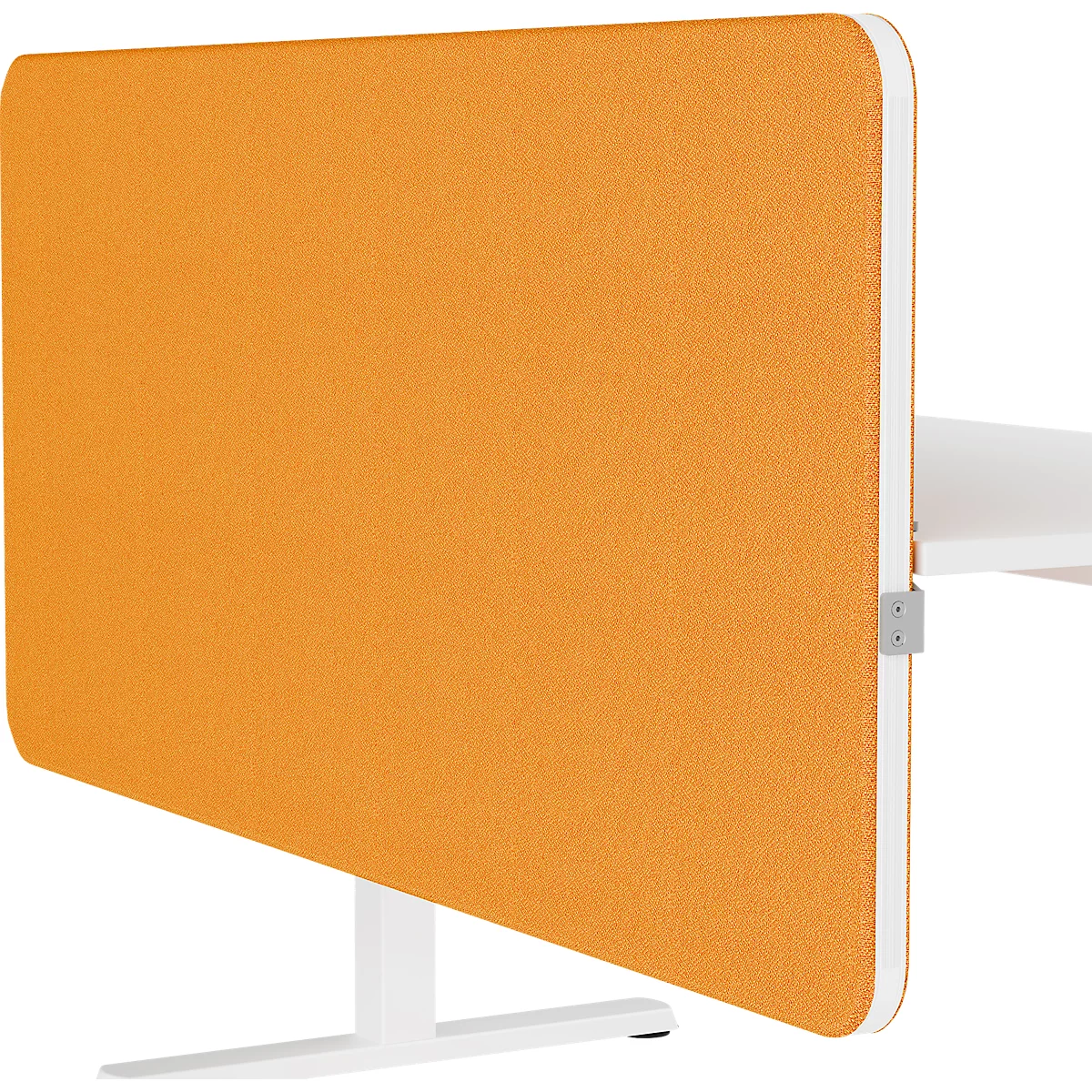 Cloison de bureau en tissu orange avec cadre et pieds blancs.