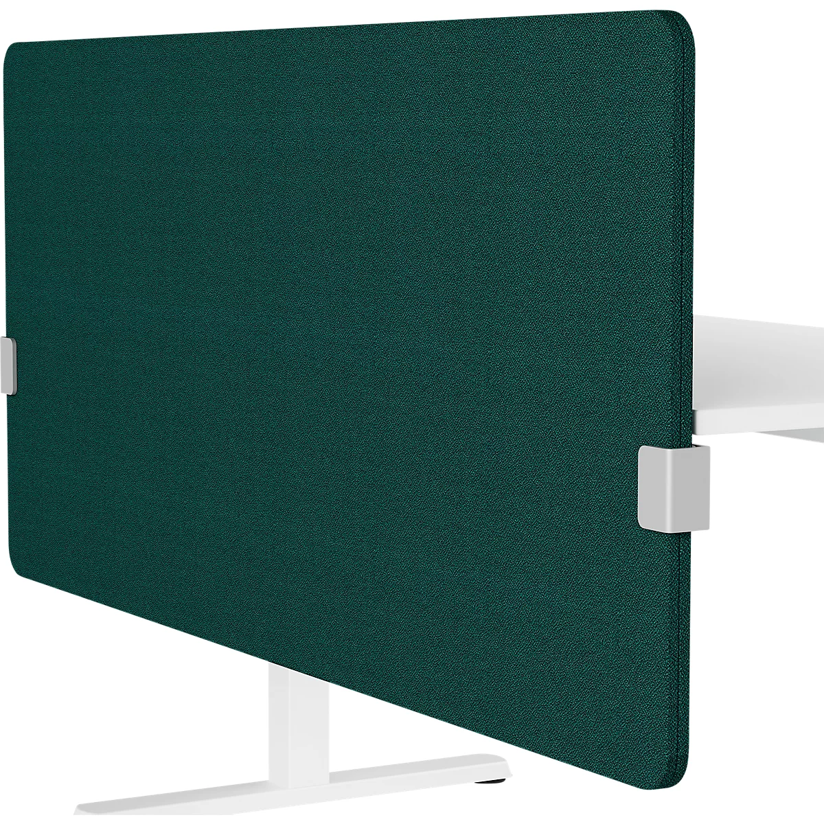 Cloison de bureau verte fixée à un bureau blanc.